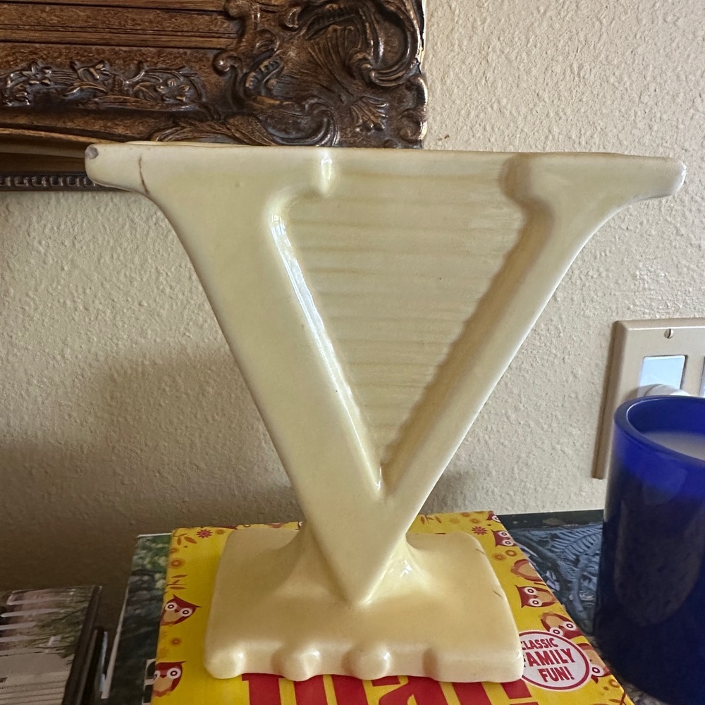 Vintage Cream Ceramic Letter V Accent Vase